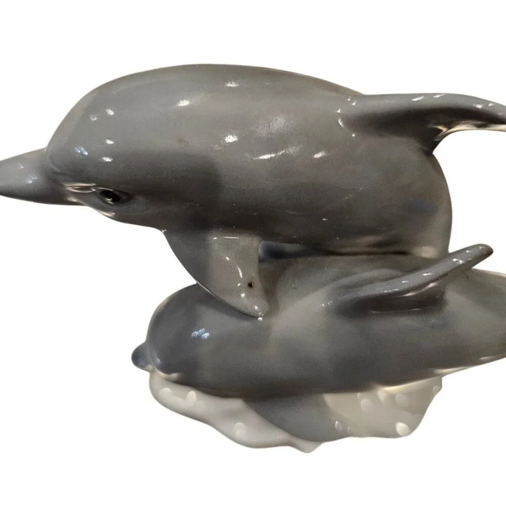 Otagiri Porcelain Gray Dolphins White Wave Figurine Figure Made in Japan Vintage